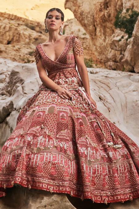 Eeksha_Ivory Organza, Brocade Pearls, Sequins, Embroidery Elara Jharokha Lehenga Set _Online_at_Aza_Fashions