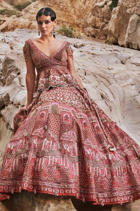 Buy_Eeksha_Ivory Organza, Brocade Pearls, Sequins, Embroidery Elara Jharokha Lehenga Set _Online_at_Aza_Fashions