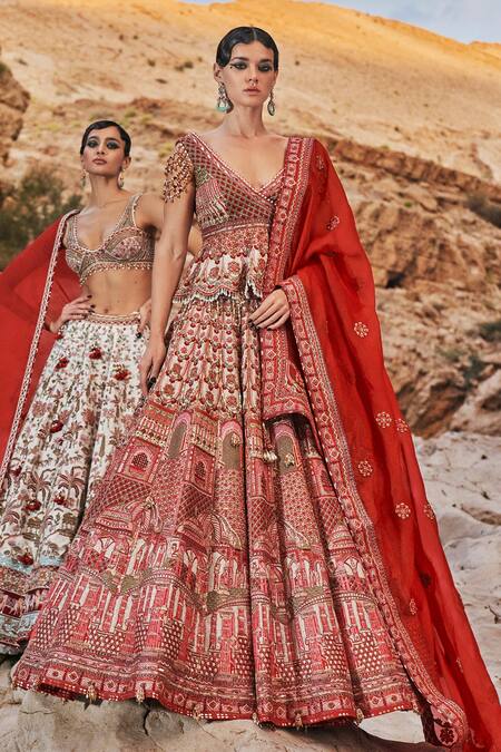 Shop_Eeksha_Ivory Organza, Brocade Pearls, Sequins, Embroidery Elara Jharokha Lehenga Set _Online_at_Aza_Fashions