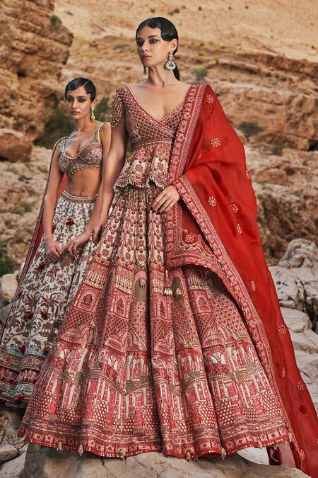 Eeksha_Ivory Organza, Brocade Pearls, Sequins, Embroidery Elara Jharokha Lehenga Set _at_Aza_Fashions