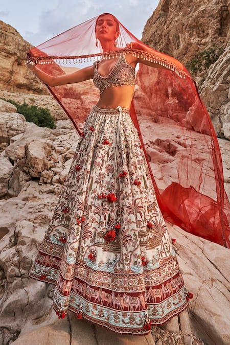Shop Eeksha Ivory Chanderi Silk, Tulle Pearls, Elara Pichwai Embroidered Lehenga Set at Aza Fashions Shop_Eeksha_Ivory Chanderi Silk, Tulle Pearls, Elara Pichwai Embroidered Lehenga Set _at_Aza_Fashions