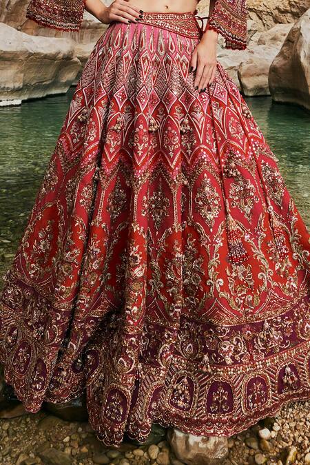 Shop_Eeksha_Red Silk, Tulle Pearls, Elara French Floral Embroidered Lehenga Power Jacket Set _Online_at_Aza_Fashions