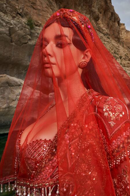 Eeksha_Red Silk, Tulle Pearls, Elara French Floral Embroidered Lehenga Power Jacket Set _at_Aza_Fashions