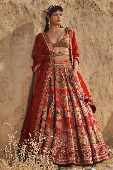 Eeksha Red Organza, Rayon, Elara Pichwai Floral Embroidered Lehenga Set Online at Aza Fashions Eeksha_Red Organza, Rayon, Elara Pichwai Floral Embroidered Lehenga Set _Online_at_Aza_Fashions