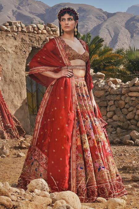 Buy Eeksha Red Organza, Rayon, Elara Pichwai Floral Embroidered Lehenga Set Online at Aza Fashions Buy_Eeksha_Red Organza, Rayon, Elara Pichwai Floral Embroidered Lehenga Set _Online_at_Aza_Fashions