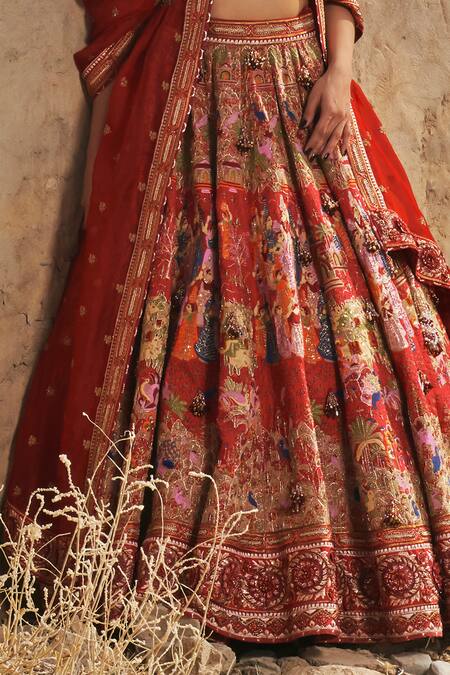 Shop Eeksha Red Organza, Rayon, Elara Pichwai Floral Embroidered Lehenga Set Online at Aza Fashions Shop_Eeksha_Red Organza, Rayon, Elara Pichwai Floral Embroidered Lehenga Set _Online_at_Aza_Fashions