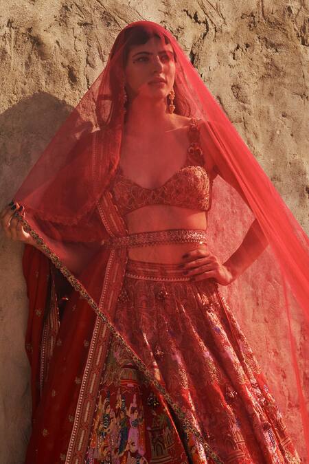 Buy Eeksha Red Organza, Rayon, Elara Pichwai Floral Embroidered Lehenga Set Buy_Eeksha_Red Organza, Rayon, Elara Pichwai Floral Embroidered Lehenga Set