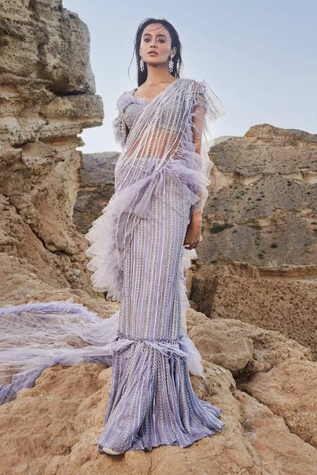 Eeksha Purple Chiffon, Tulle Sequins, New Age Embroidered Lehenga Saree With Blouse at Aza Fashions Eeksha_Purple Chiffon, Tulle Sequins, New Age Embroidered Lehenga Saree With Blouse _at_Aza_Fashions