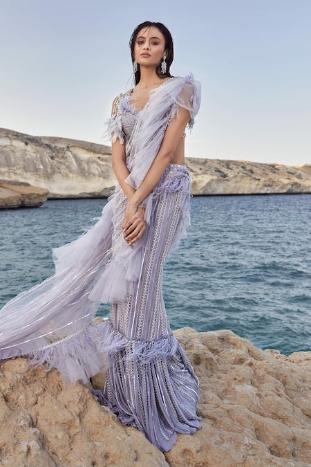 Buy Eeksha Purple Chiffon, Tulle Sequins, New Age Embroidered Lehenga Saree With Blouse Buy_Eeksha_Purple Chiffon, Tulle Sequins, New Age Embroidered Lehenga Saree With Blouse
