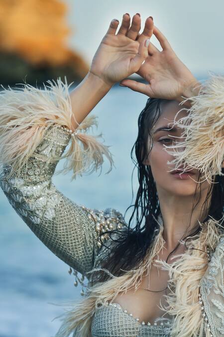 Eeksha Ivory Tulle Cut Work, Pearls, Sequins New Age Embroidered Lehenga Set Online at Aza Fashions Eeksha_Ivory Tulle Cut Work, Pearls, Sequins New Age Embroidered Lehenga Set _Online_at_Aza_Fashions