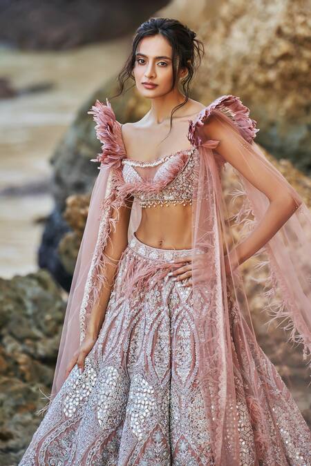 Eeksha Pink Net Pearls, New Age Floral Embroidered Lehenga Withy Winged Bustier Online at Aza Fashions Eeksha_Pink Net Pearls, New Age Floral Embroidered Lehenga Withy Winged Bustier _Online_at_Aza_Fashions