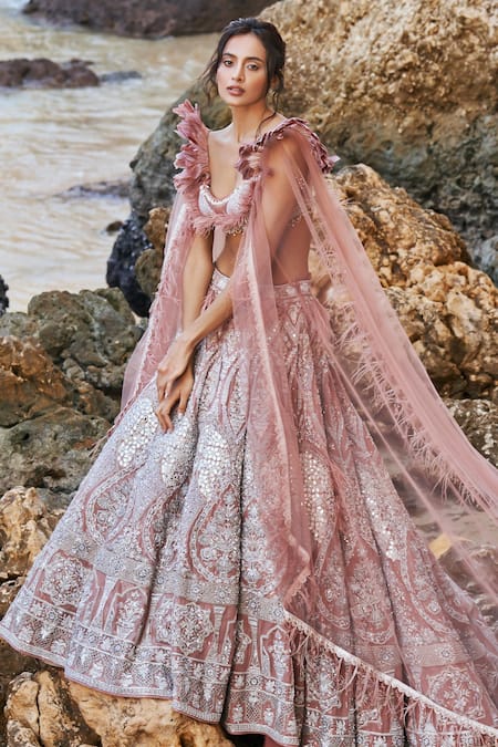 Buy Eeksha Pink Net Pearls, New Age Floral Embroidered Lehenga Withy Winged Bustier Online at Aza Fashions Buy_Eeksha_Pink Net Pearls, New Age Floral Embroidered Lehenga Withy Winged Bustier _Online_at_Aza_Fashions