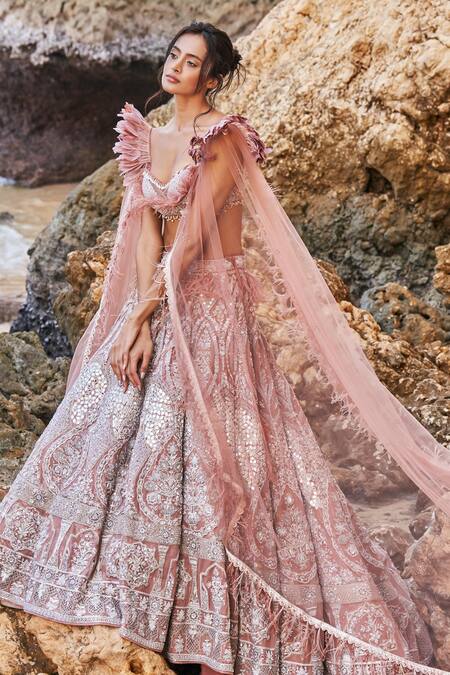 Shop Eeksha Pink Net Pearls, New Age Floral Embroidered Lehenga Withy Winged Bustier Online at Aza Fashions Shop_Eeksha_Pink Net Pearls, New Age Floral Embroidered Lehenga Withy Winged Bustier _Online_at_Aza_Fashions