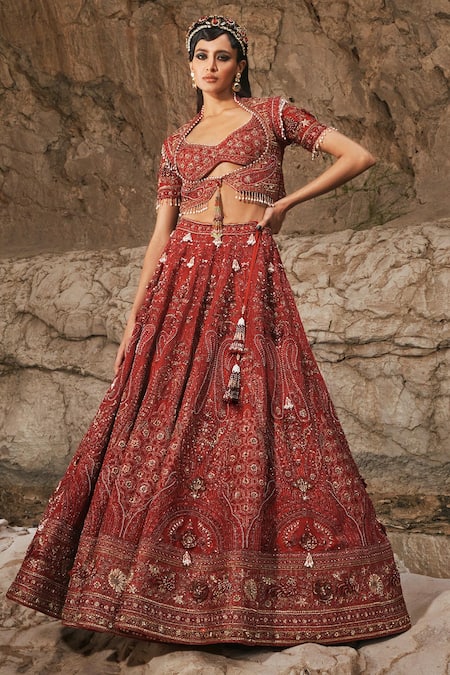 Eeksha Maroon Silk Organza, Tulle Pearls, Elara Jamawar Embroidered Lehenga Set Online at Aza Fashions Eeksha_Maroon Silk Organza, Tulle Pearls, Elara Jamawar Embroidered Lehenga Set _Online_at_Aza_Fashions