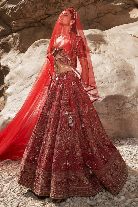 Buy Eeksha Maroon Silk Organza, Tulle Pearls, Elara Jamawar Embroidered Lehenga Set Online at Aza Fashions Buy_Eeksha_Maroon Silk Organza, Tulle Pearls, Elara Jamawar Embroidered Lehenga Set _Online_at_Aza_Fashions