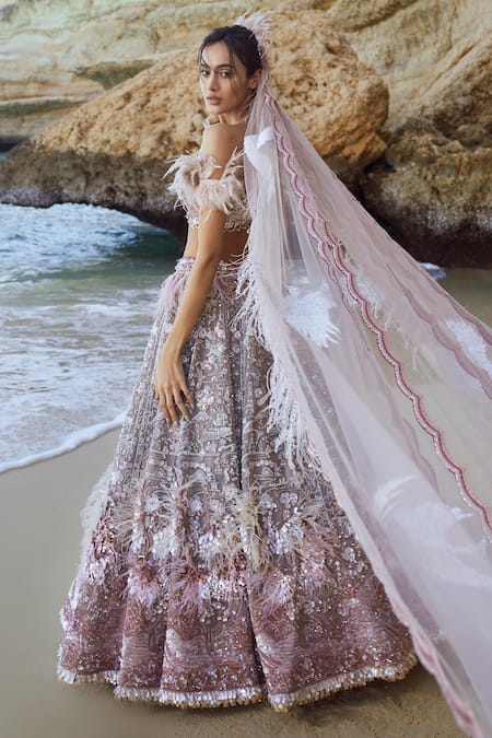 Shop_Eeksha_Pink Silk Organza, Net Feathers, New Age Embroidered Floral Lehenga Set _at_Aza_Fashions