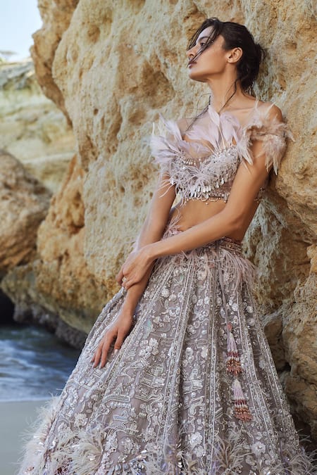 Buy_Eeksha_Pink Silk Organza, Net Feathers, New Age Embroidered Floral Lehenga Set _Online_at_Aza_Fashions