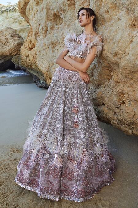 Shop_Eeksha_Pink Silk Organza, Net Feathers, New Age Embroidered Floral Lehenga Set _Online_at_Aza_Fashions