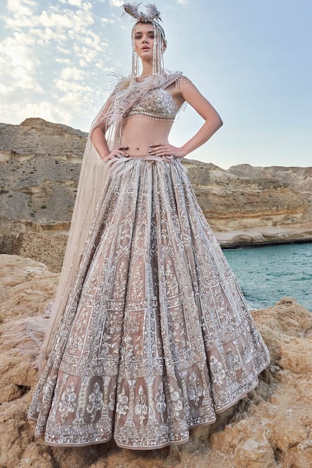 Shop Eeksha Pink Silk Organza Pearls, Sequins New Age Floral Cluster Embroidered Lehenga Set at Aza Fashions Shop_Eeksha_Pink Silk Organza Pearls, Sequins New Age Floral Cluster Embroidered Lehenga Set _at_Aza_Fashions