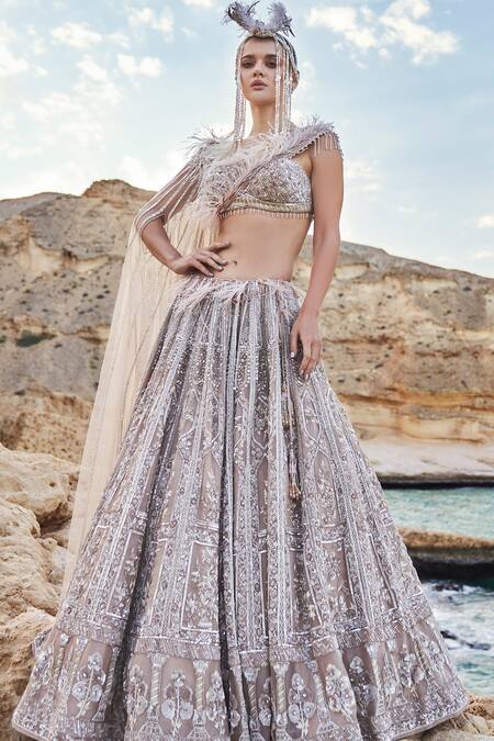 Shop Eeksha Pink Silk Organza Pearls, Sequins New Age Floral Cluster Embroidered Lehenga Set Online at Aza Fashions Shop_Eeksha_Pink Silk Organza Pearls, Sequins New Age Floral Cluster Embroidered Lehenga Set _Online_at_Aza_Fashions