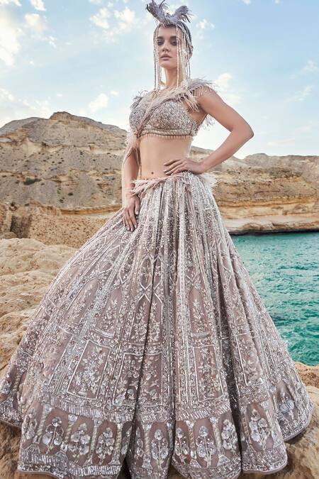 Buy Eeksha Pink Silk Organza Pearls, Sequins New Age Floral Cluster Embroidered Lehenga Set Buy_Eeksha_Pink Silk Organza Pearls, Sequins New Age Floral Cluster Embroidered Lehenga Set
