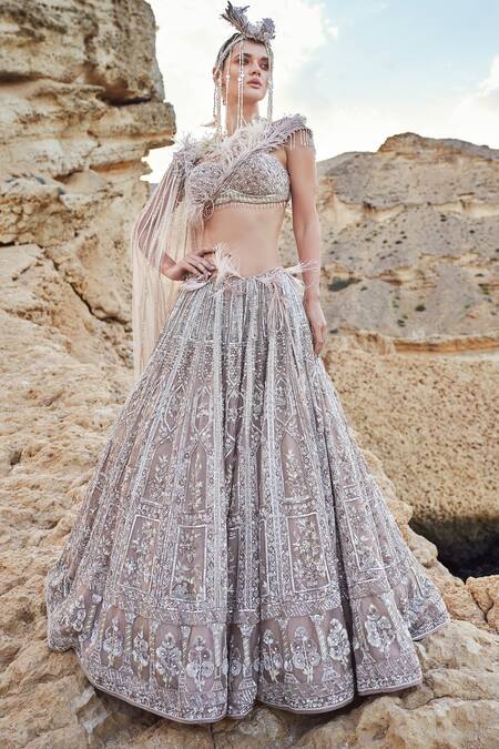 Shop Eeksha Pink Silk Organza Pearls, Sequins New Age Floral Cluster Embroidered Lehenga Set Shop_Eeksha_Pink Silk Organza Pearls, Sequins New Age Floral Cluster Embroidered Lehenga Set
