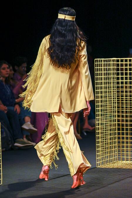 Nirmooha_Yellow Micro Embroidery Tassel Notched Lapel Collar Blazer _Online_at_Aza_Fashions