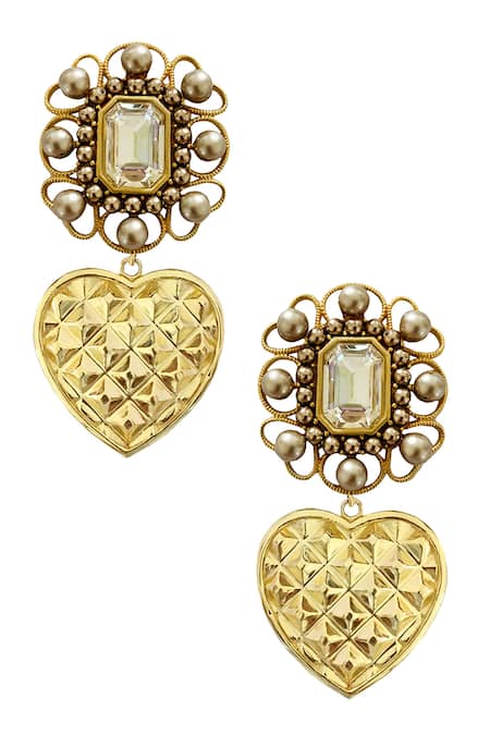 Radhika Agrawal Jewels Gold Plated Crystal Filigree Heart Danglers