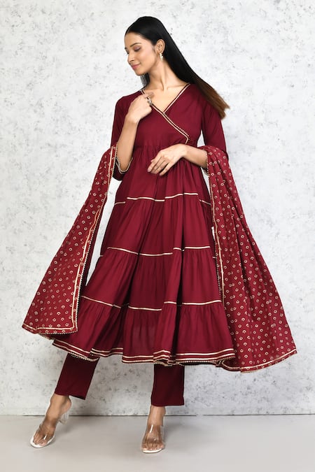 Samyukta Singhania Maroon Anarkali And Pant Viscose Solid Gota Lace Embellished Angarakha Set 