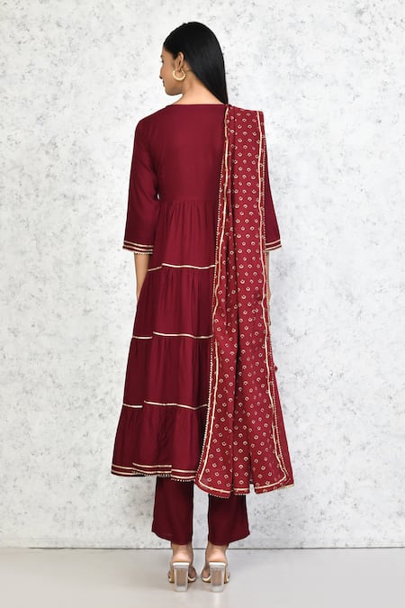 Shop_Naintara Bajaj_Maroon Viscose, Cotton Gota Patti Lace Embellished Angarakha Anarkali Pant Set _at_Aza_Fashions