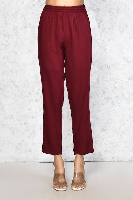 Naintara Bajaj_Maroon Viscose, Cotton Gota Patti Lace Embellished Angarakha Anarkali Pant Set _Online_at_Aza_Fashions