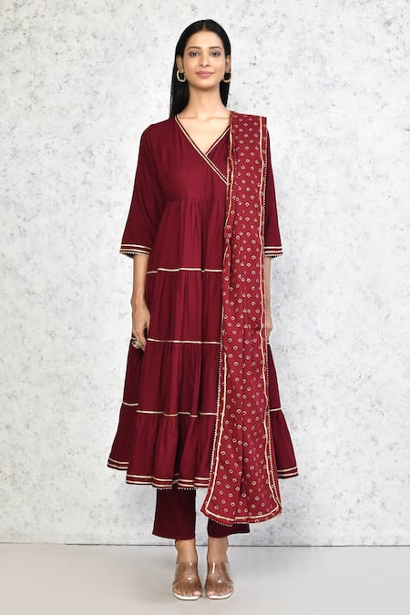 Buy_Naintara Bajaj_Maroon Viscose, Cotton Gota Patti Lace Embellished Angarakha Anarkali Pant Set _Online_at_Aza_Fashions