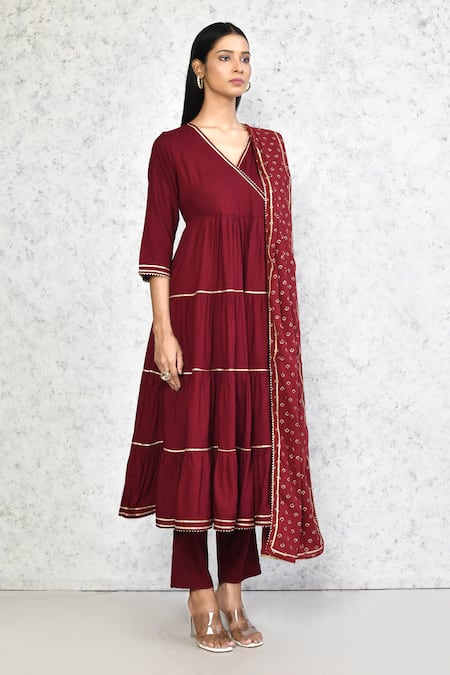 Naintara Bajaj_Maroon Viscose, Cotton Gota Patti Lace Embellished Angarakha Anarkali Pant Set _at_Aza_Fashions