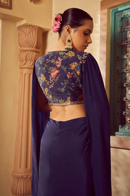 Shop_Megha Pitti_Blue V-neck Floral Printed Draped Saree Gown _at_Aza_Fashions