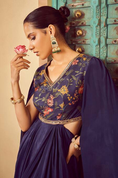 Shop_Megha Pitti_Blue V-neck Floral Printed Draped Saree Gown _Online_at_Aza_Fashions