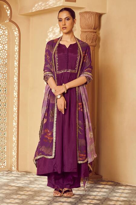 Megha Pitti Purple Silk, Georgette Embroidery Split Kurta Set With Botanic Print Dupatta Online at Aza Fashions Megha Pitti_Purple Silk, Georgette Embroidery Split Kurta Set With Botanic Print Dupatta _Online_at_Aza_Fashions