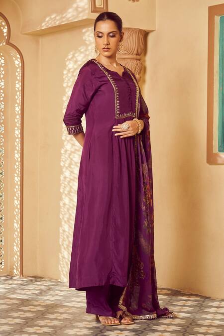 Buy Megha Pitti Purple Silk, Georgette Embroidery Split Kurta Set With Botanic Print Dupatta Online at Aza Fashions Buy_Megha Pitti_Purple Silk, Georgette Embroidery Split Kurta Set With Botanic Print Dupatta _Online_at_Aza_Fashions