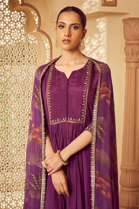 Shop Megha Pitti Purple Silk, Georgette Embroidery Split Kurta Set With Botanic Print Dupatta Online at Aza Fashions Shop_Megha Pitti_Purple Silk, Georgette Embroidery Split Kurta Set With Botanic Print Dupatta _Online_at_Aza_Fashions