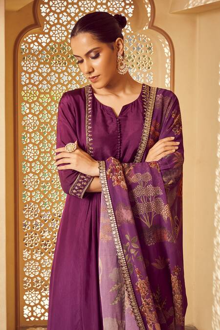 Megha Pitti Purple Silk, Georgette Embroidery Split Kurta Set With Botanic Print Dupatta at Aza Fashions Megha Pitti_Purple Silk, Georgette Embroidery Split Kurta Set With Botanic Print Dupatta _at_Aza_Fashions