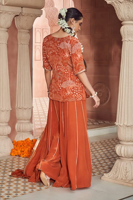 Shop Megha Pitti Orange Bamboo Sequins, Embroidery V-neck Forest Print Kurta Sharara Set at Aza Fashions Shop_Megha Pitti_Orange Bamboo Sequins, Embroidery V-neck Forest Print Kurta Sharara Set _at_Aza_Fashions