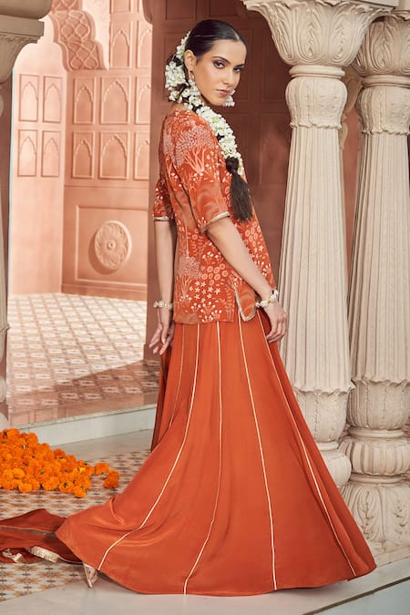 Buy Megha Pitti Orange Bamboo Sequins, Embroidery V-neck Forest Print Kurta Sharara Set Online at Aza Fashions Buy_Megha Pitti_Orange Bamboo Sequins, Embroidery V-neck Forest Print Kurta Sharara Set _Online_at_Aza_Fashions