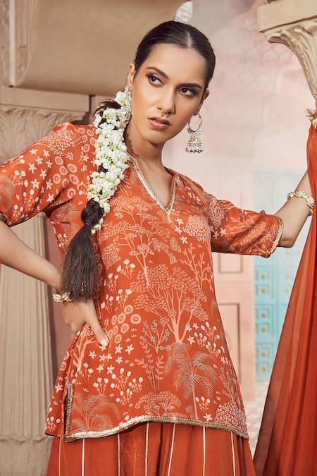 Megha Pitti Orange Bamboo Sequins, Embroidery V-neck Forest Print Kurta Sharara Set Online at Aza Fashions Megha Pitti_Orange Bamboo Sequins, Embroidery V-neck Forest Print Kurta Sharara Set _Online_at_Aza_Fashions