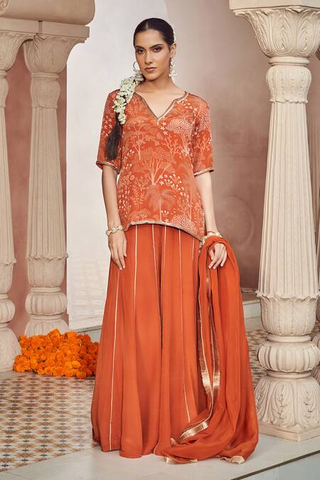 Shop Megha Pitti Orange Bamboo Sequins, Embroidery V-neck Forest Print Kurta Sharara Set Online at Aza Fashions Shop_Megha Pitti_Orange Bamboo Sequins, Embroidery V-neck Forest Print Kurta Sharara Set _Online_at_Aza_Fashions