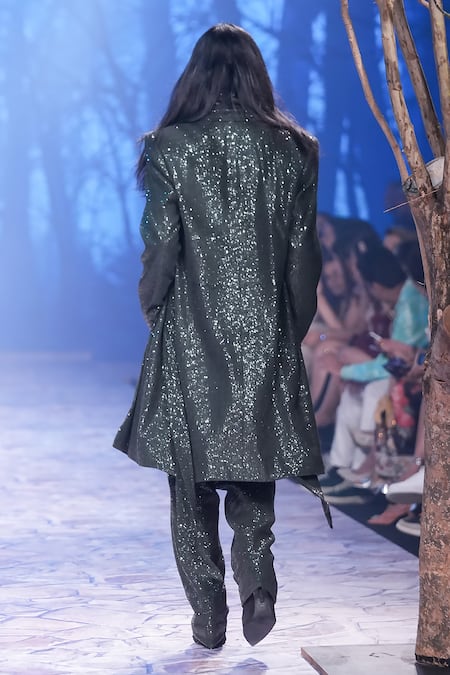 Shop Nirmooha Green Silk Sequins Embroidered Trouser at Aza Fashions Shop_Nirmooha_Green Silk Sequins Embroidered Trouser _at_Aza_Fashions