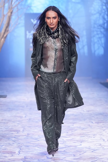 Shop Nirmooha Green Lurex Split V-neck Woven Stripe Pattern Sheer Shirt at Aza Fashions Shop_Nirmooha_Green Lurex Split V-neck Woven Stripe Pattern Sheer Shirt _at_Aza_Fashions