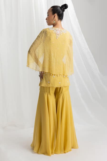 Seema Thukral_Yellow Georgette, Organza, Crepe Floral Hand Embroidered Kurta Gharara Set _Online_at_Aza_Fashions