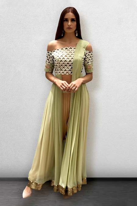 Jade By Ashima Green Blouse Dupion Silk Draped Crop Top And Dhoti Pant Set