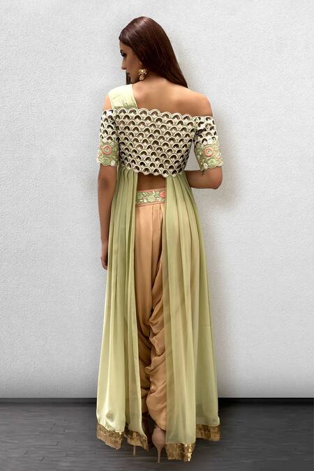 Shop_Jade By Ashima_Green Blouse Dupion Silk Draped Crop Top And Dhoti Pant Set _at_Aza_Fashions