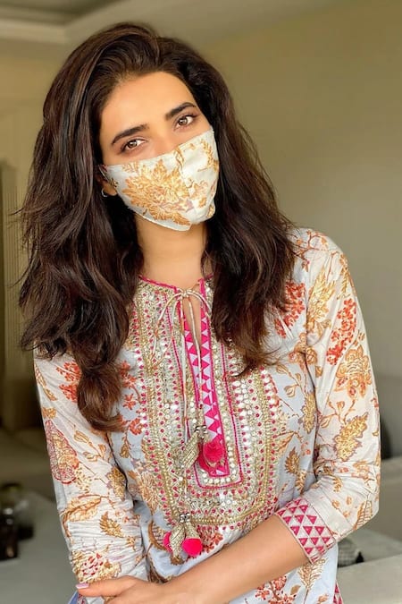 Shop_Gopi Vaid_Blue Cotton, Silk Embroidery Round Neck Amara Floral Print Tunic _at_Aza_Fashions