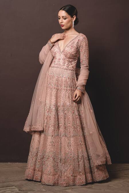 Peach Color Net Sequins Embroidered Long Suit